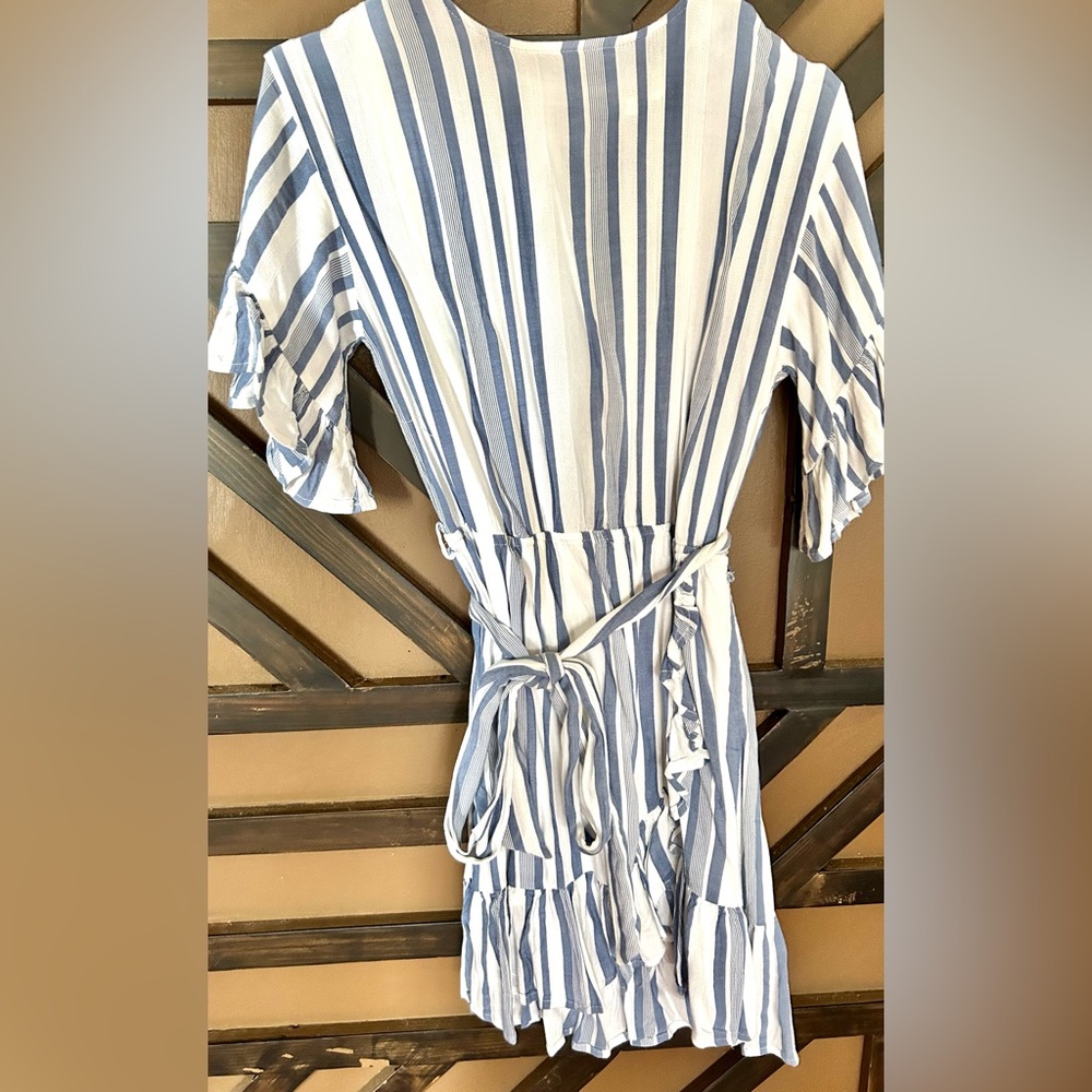 Blue and white summer dress with side tie